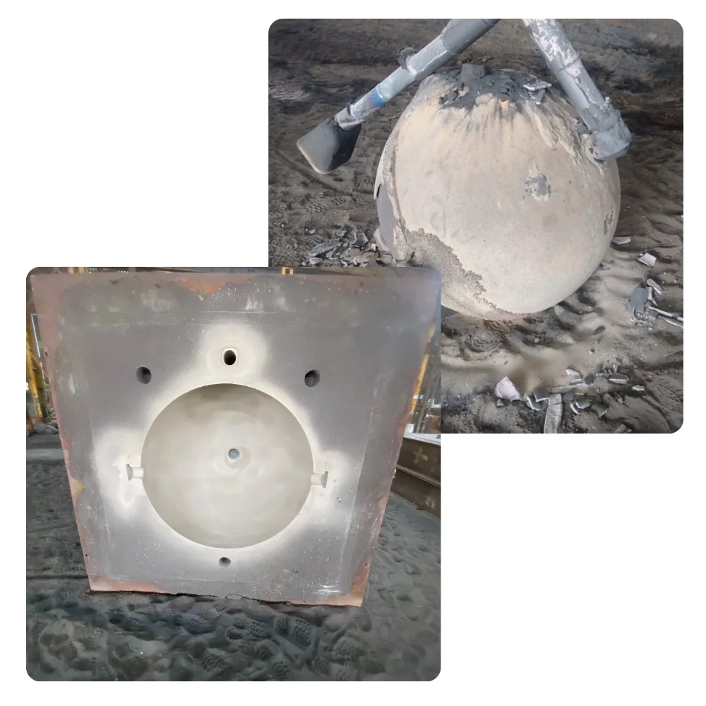 Modelo de fundição em metal e esfera DropBall em acabamento na fundição, ilustrando os processos de fabricação
