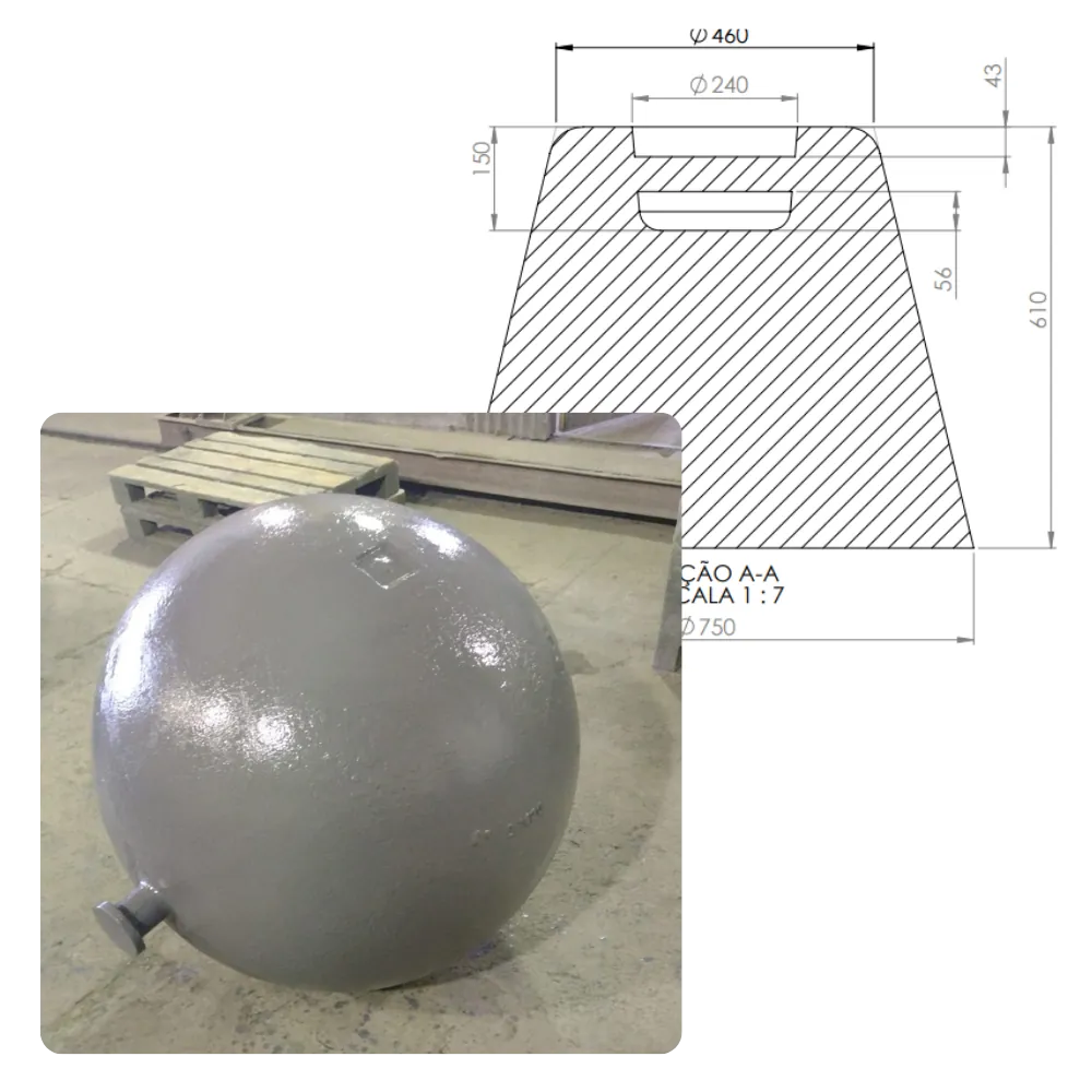 Esfera DropBall fundida ao lado de desenho técnico dimensional com vista em corte, representando o controle de qualidade
